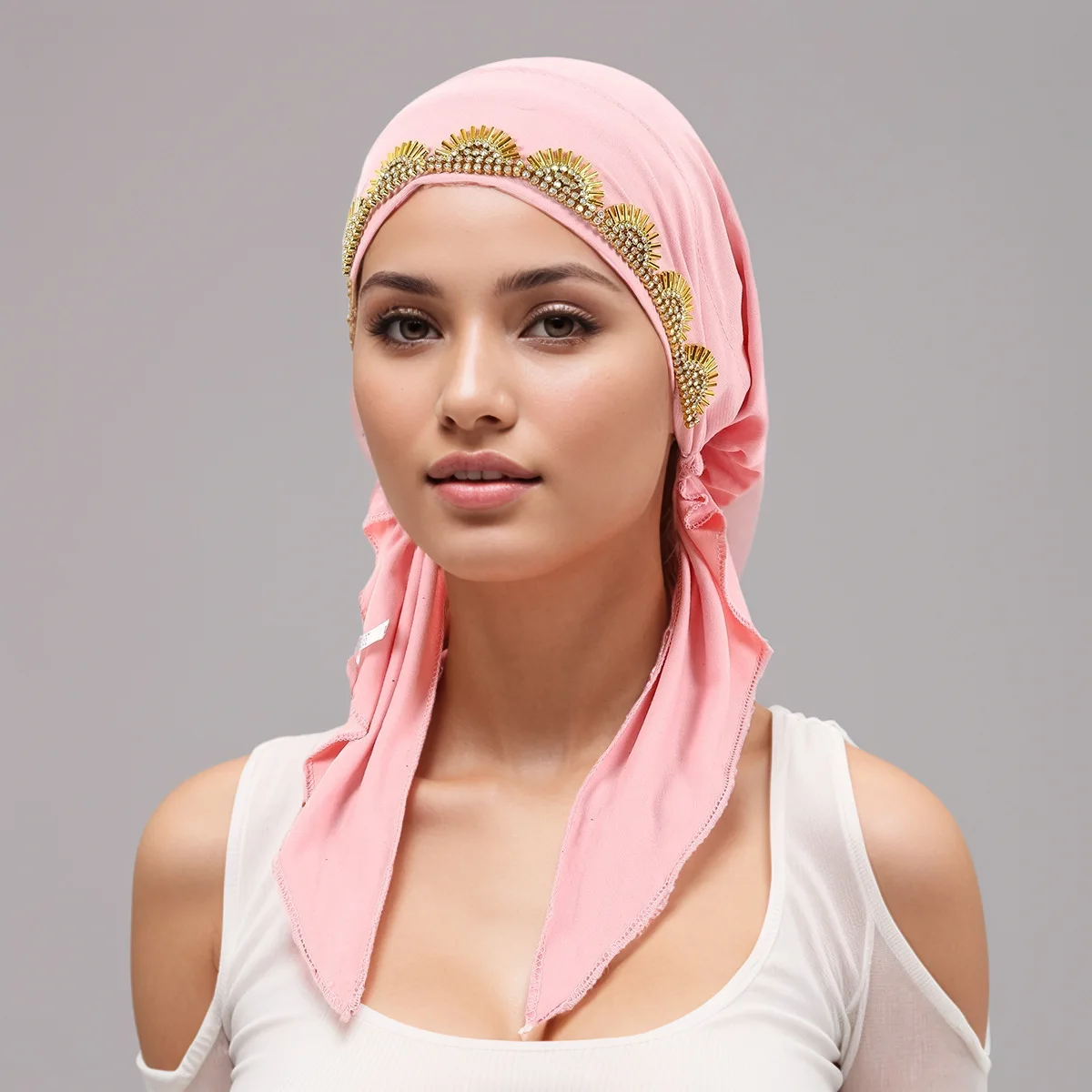 

Женский мусульманский предварительно завязанный тюрбан с бриллиантами, хиджаб, шапка от рака, химиотерапия, однотонная шапка от выпадения волос, головной платок, эластичная бандана, новинка