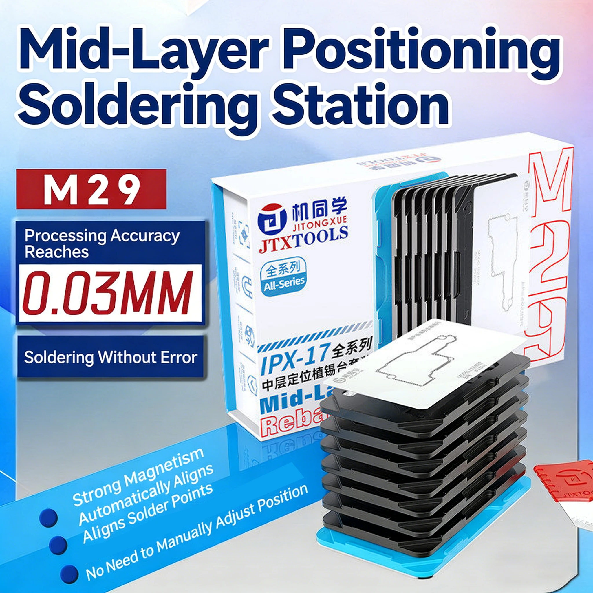 

JTX Middle Frame BGA Reballing Stencil Platform Set for iPhone X-17 Pro Max, with Magnetic Fixture & Tools