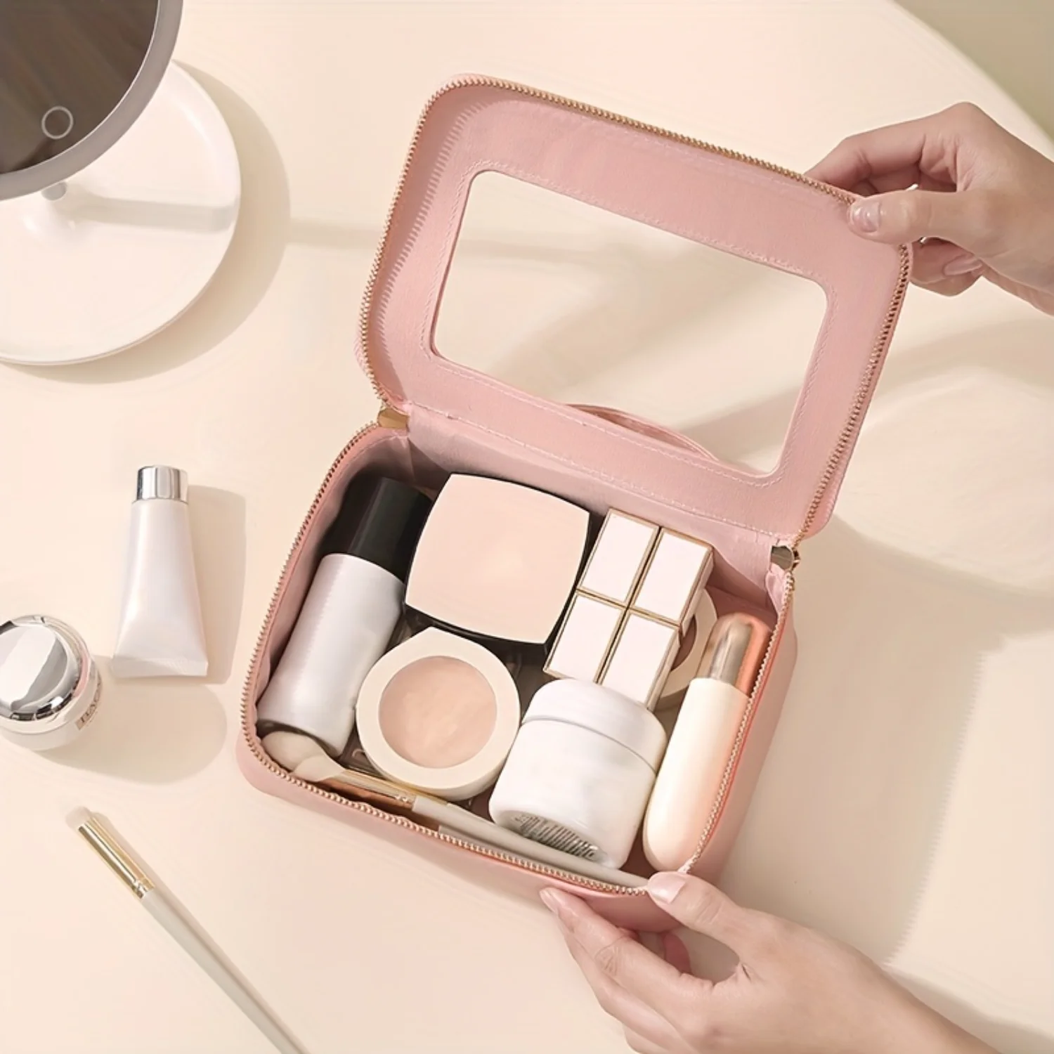 Lightweight Makeup Zipper Handbag With Clear Window, Versatile Toiletry Wash Bag