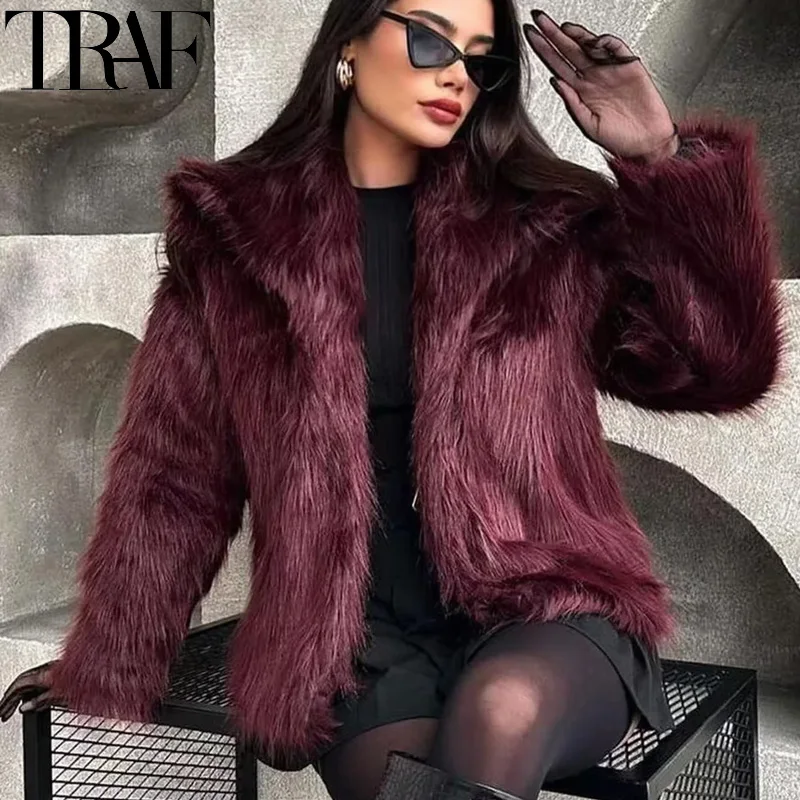 TRAF Woman Outerwears Cropped Faux Fur Coat Women Autumn Fluffy Plush Black Jacket Warm Winter Women's Coats Furry Solid Coats