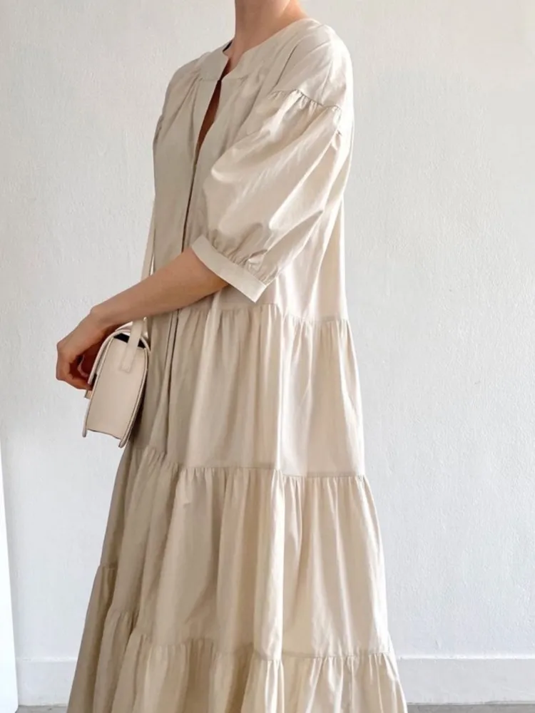 Sukienka damska letnia vintage oversize z bufiastymi rękawami, koreańska nowa, jednorzędowa, codzienna, luźna, długa sukienka damska, vestidos