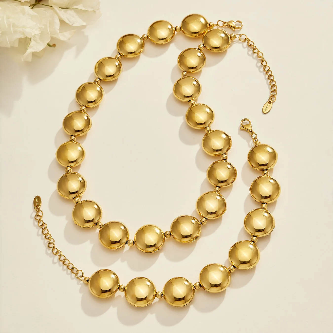 Chunky Runde Scheiben-Perlenkette und Armband, 18K Vergoldetes Edelstahl-Schmuckset für Damen – Detail 11