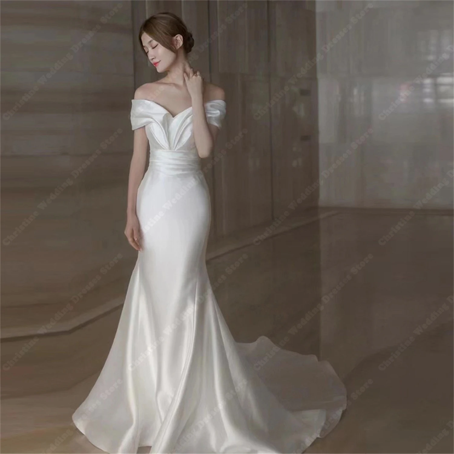 Graceful Satin Wedding Dresses Finish Pleated Off The Shoulder Bridal Gowns Sexy Mermaid Wrap Buttocks Mopping Length Women Robe