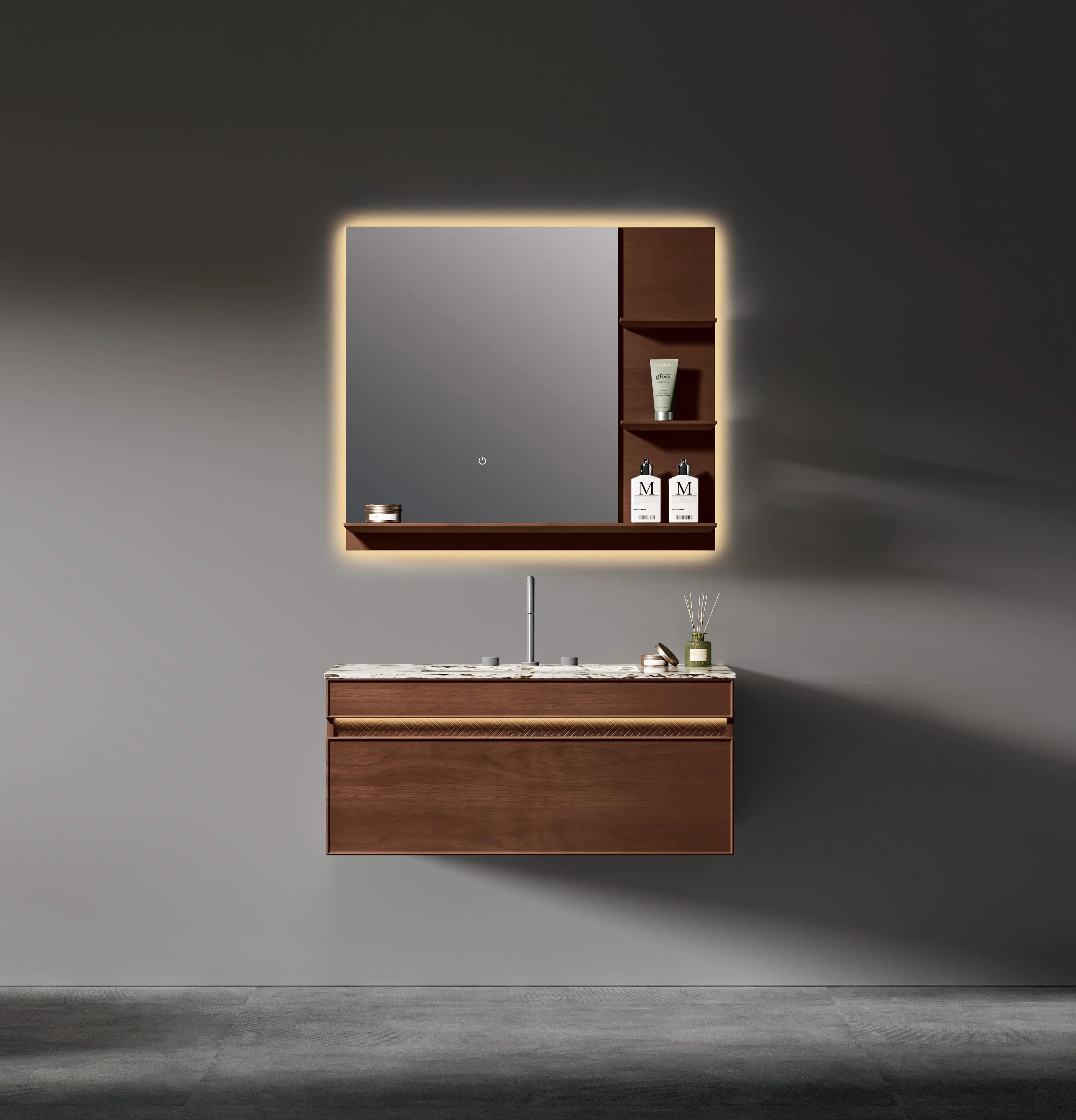 Customized Large Size Natural Wood Single Sink Bath Mirror Modern Wall Mounted Waterproof Feature For Home Hotel Bathroom Vanity