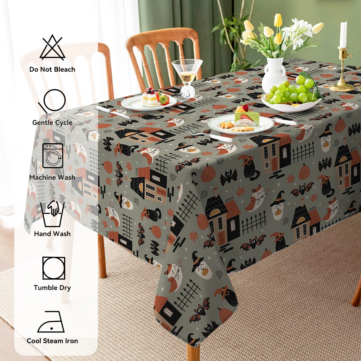 Halloween Bat Witch Hat Household Anti-fouling Tablecloth Rectangular Coffee Table Waterproof and Oil-proof Fabric Mantel Mesa