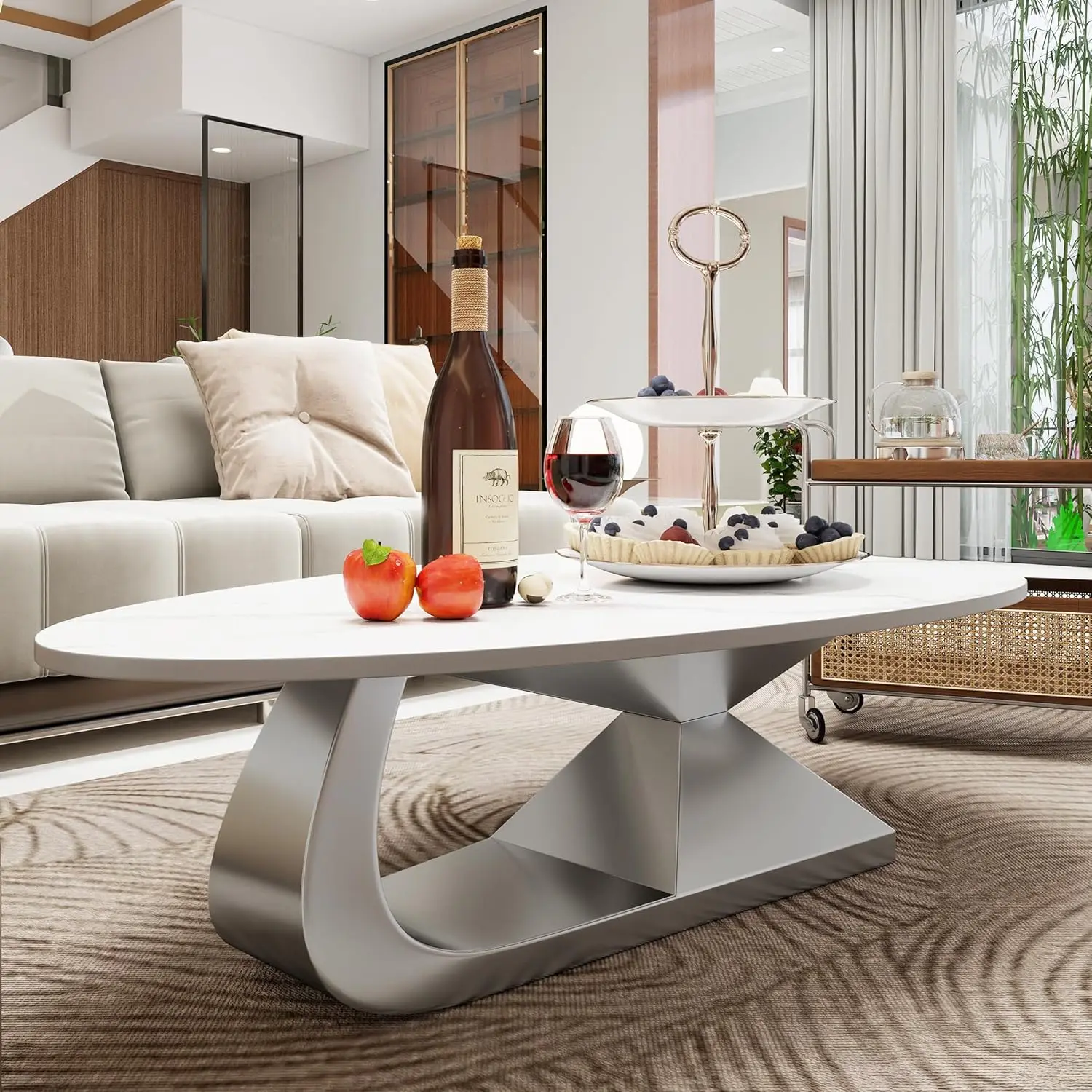 

Современный овальный журнальный столик с мраморной столешницей, белый кофейный столик с основанием из нержавеющей стали, центральный стол для гостиной, на заказ