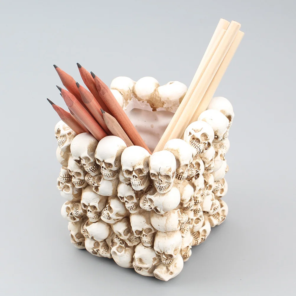 Skull Pen Holder Desktop Storage Bucket For Makeup Brushes Pens Stationery Organizer Halloween Decor Pen Storage Box