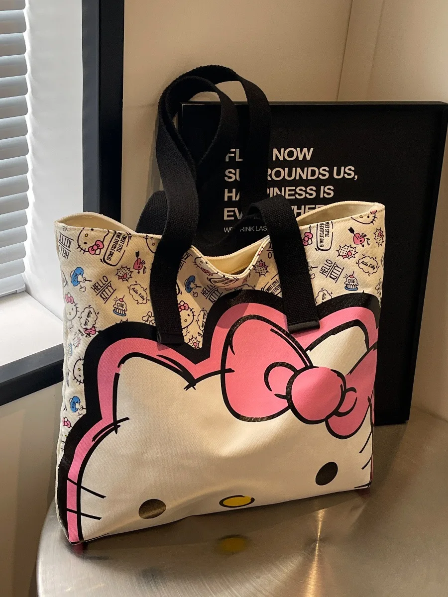 Kawaii HelloKitty torba na ramię moda damska prosta torba płócienna o dużej pojemności letnia nowa torba z grubej bawełny przenośna torba na zakupy