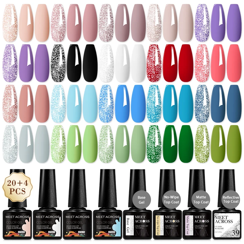 24Pcs/Set Colorful Gel Nail Polish With Reflective Glitter Top Coat Base Gel Semi-permanent Varnish UV Gel Nail Art Manicure Kit