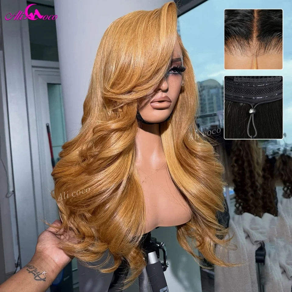 Парик из натуральных волос Ginger Blonde, плотность 200%, с желтыми оттенками, HD 13X6, на кружевной основе, без клея, предварительно нарезанный, с эффектом Body Wave, на шнурке с лентой