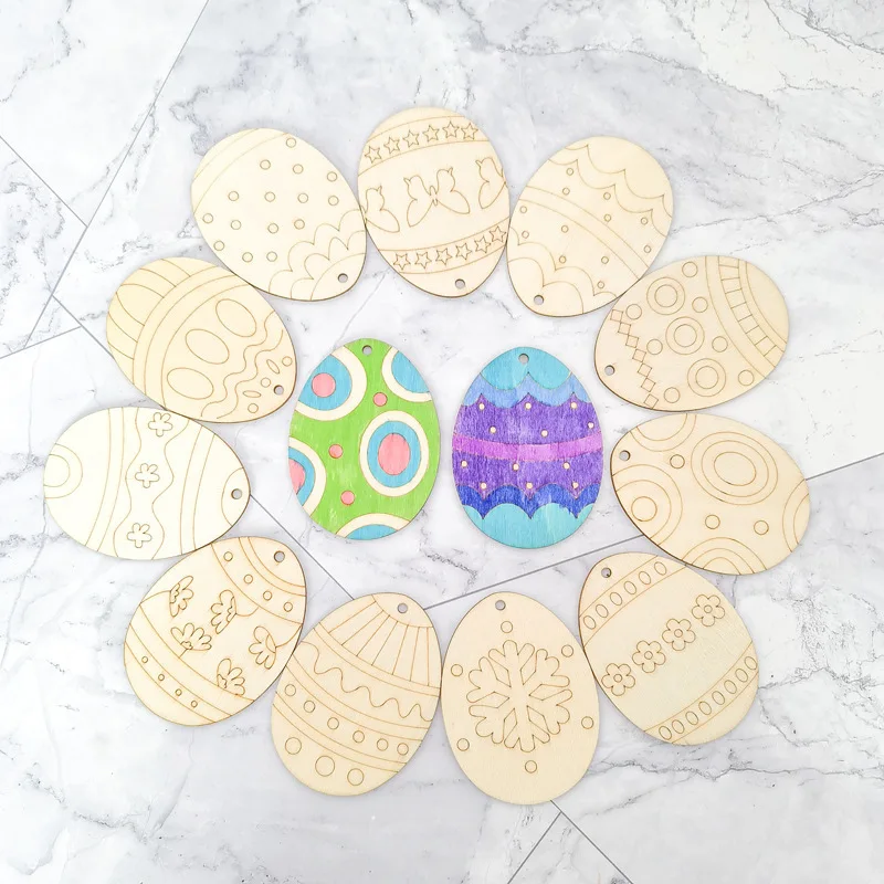 10pcs Easter Wooden Eggs Pendant Multi Type Wood Slices Hanging Ornaments For Easter Home Party Decoration Kids DIY Painting