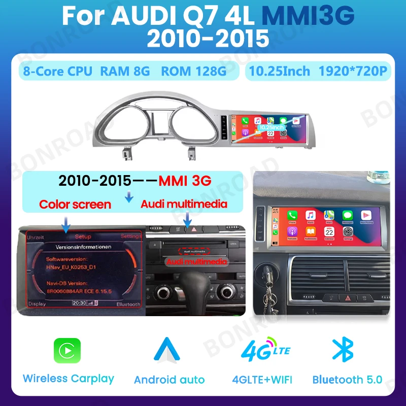 BONROAD 10.25 "Autoradiospeler Draadloze CarPlay Android Auto Multimedia Touchscreen Voor Audi Q7 4L 2005-2015 GPS Bluetooth 5.0