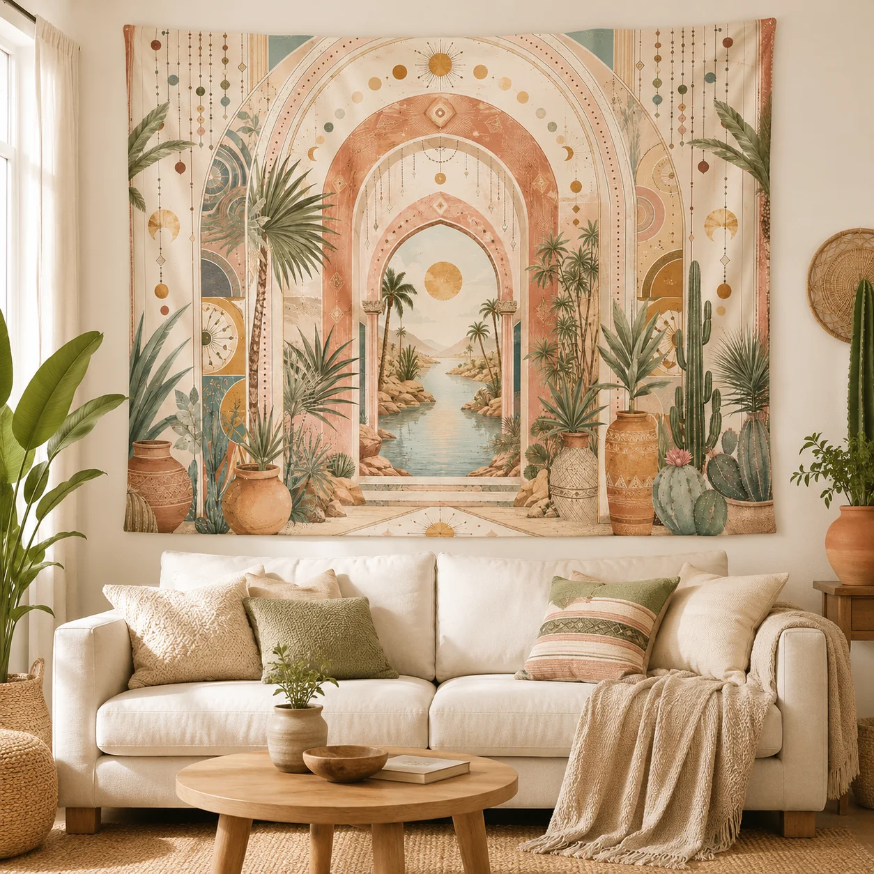 Moroccan Arch Wall Tapestry Boho Aesthetic Room Decor Cactus Palm Tree Tapestries for Bedroom Desert Landscape Wall Blanket