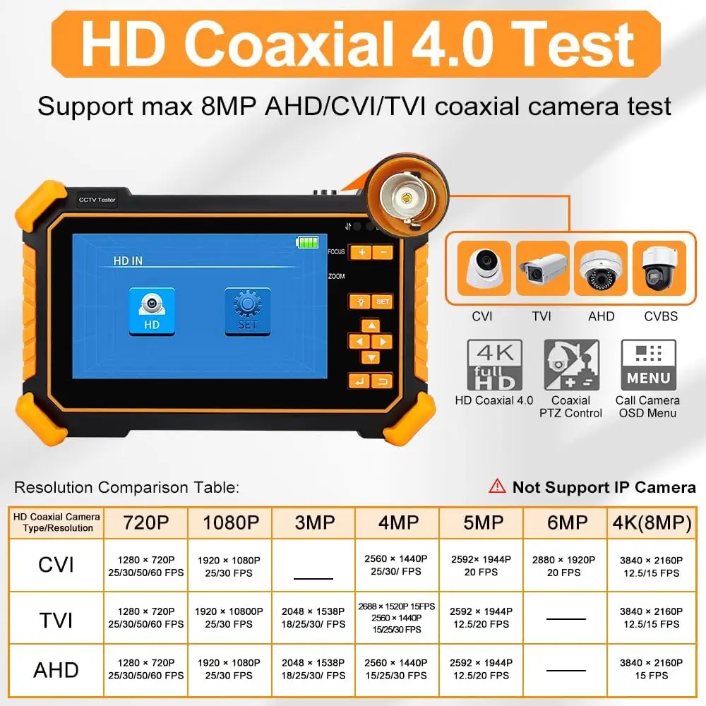 4-in-1 HD CCTV Tester Monitor Auto HD Coaxial Camera Tester, 4K 8MP CVI/TVI/AHD/CVBS Analog Camera/UTP Cable Test - view 3