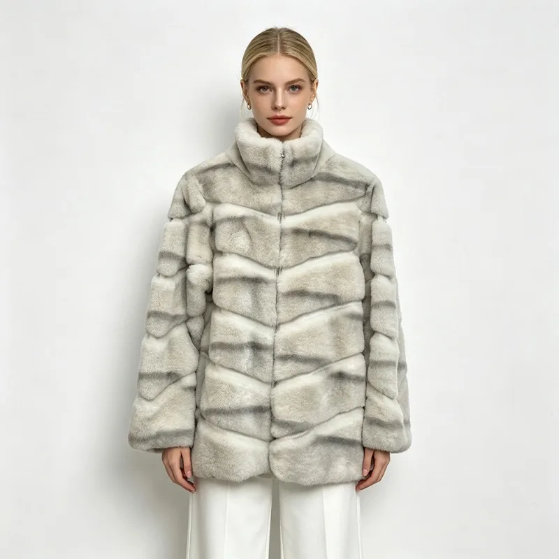 New Women's Winter Faux Fur Coat, A Stand-up Collar, Striped Patchwork Thickened Warm Plush Mid-length Fashionable Beautiful Top