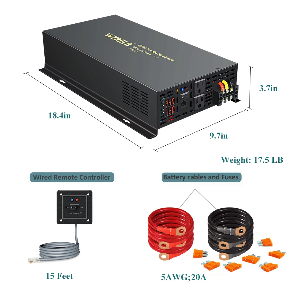 4000W Pure Sine Wave Solar Inverter 24V to 220V Inverters Converters 12V 48V DC to 120V 230V 240V AC With Wired Remote Control