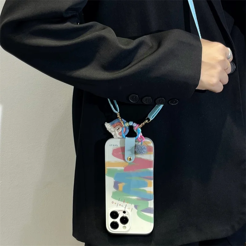 White Background Colorful Stripe Phone Case With Blue Pink Rainbow Cloud Pendant & Light Blue Leather Diagonal Crossbody Rope