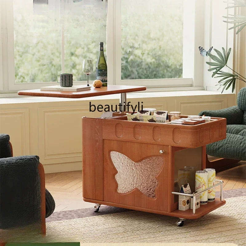 

Coffee table living room household French solid wood tea table small apartment mobile lifting side table
