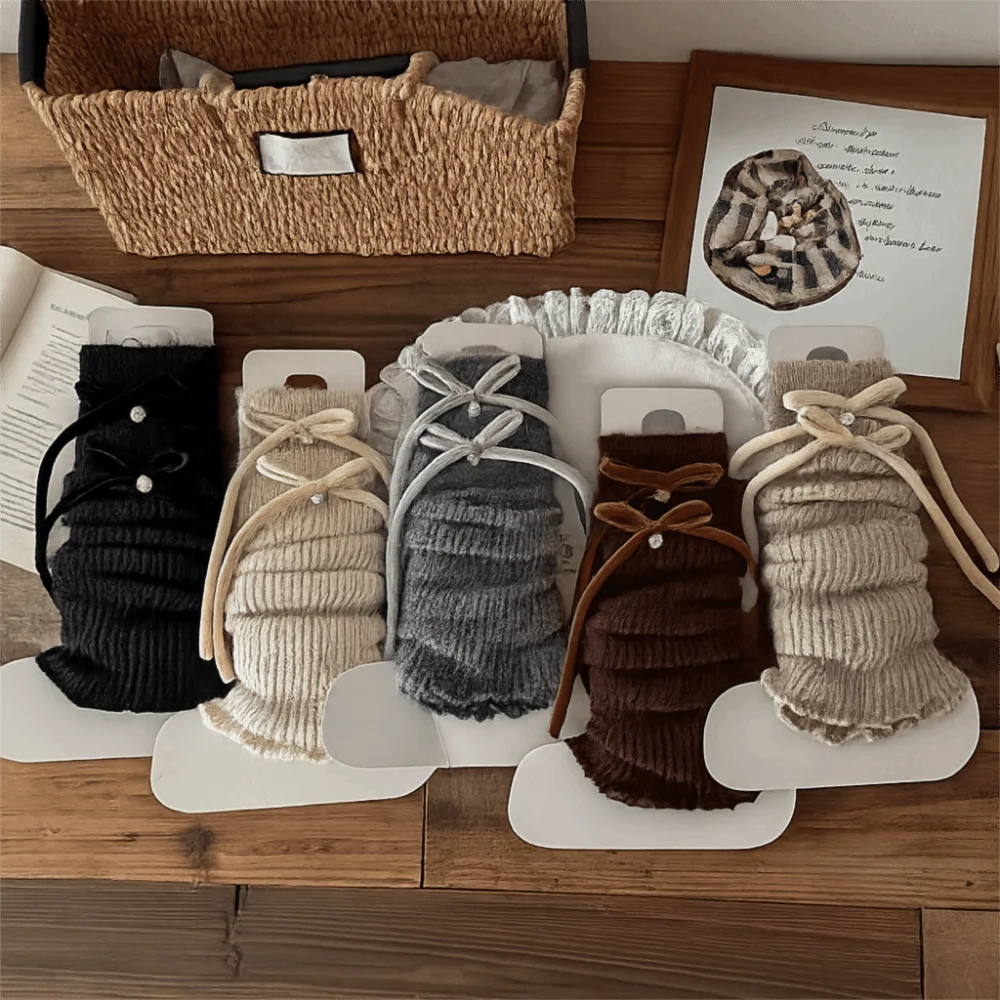 Lady Fashion Solid Color Leg Warmers Thickened Warm Foot Cover Middle Tube Socks Bowknot Decoration Heap Socks Casual Outfit