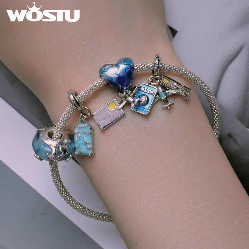 WOSTU 925 Sterling Silver Traveling Airplane Hanging Bead Suitcase Aircraft Charms for Women Fit Bracelet Necklace Jewelry Gift