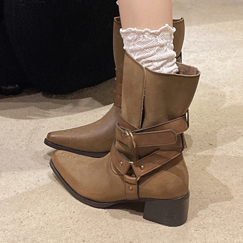 

Женские ботильоны на высоком каблуке, туфли на массивном каблуке с острым носком, модные зимние туфли-лодочки, новый тренд 2025, роскошные дизайнерские женские ботинки челси