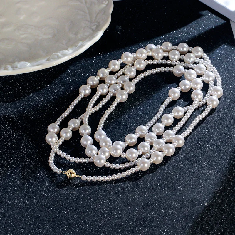 1.6m long Women Pearl necklaces with Silver buckle, tready shell made Pearl round beads chain, various way of wearing jewelry