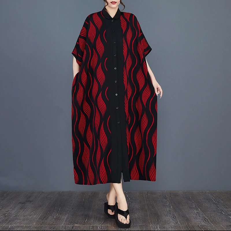 SuperAen Nieuwe 2023 Zomer Loszittende Oversize Mode Bedrukt Shirt Patchwork Single Breasted A-lijn Lange Jurken