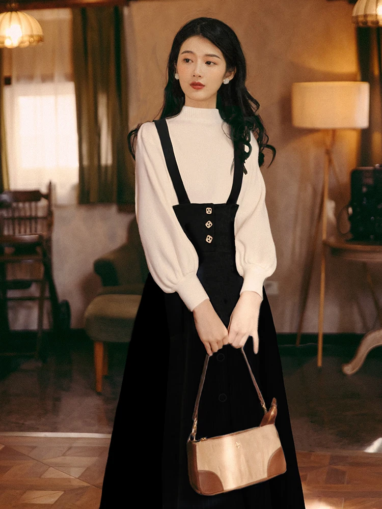 Sweet Fashion Two Piece Skirt Set Women Autumn Winter White Sweater and Long Black Skirt Outfits