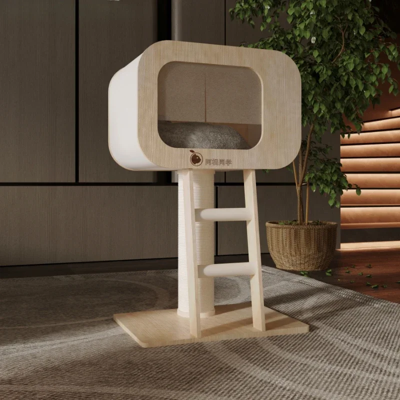 

Wood Color Cat House Indoor Density Board Beds Cats Integrated Cat Climbing Frame Cat House with Scratcher Cute Pet Products