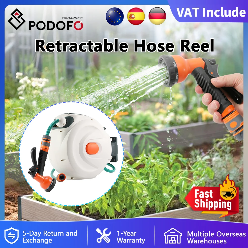 Podofo Enrouleur de tuyau d'arrosage rétractable Entraîneur de toute longueur Enrouleur de tuyau rétractable automatique à retour lent avec buse de pulvérisation pour l'arrosage