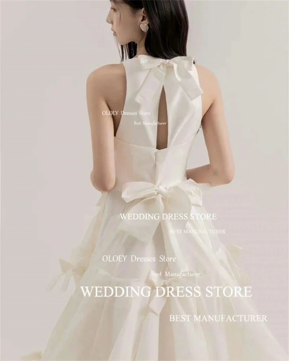 OLOEY Simple Satin Ivory Wedding Dress Korea Photoshoot Bow O-Neck Sleeveless Floor-Length Bride Dress Robe de mariage