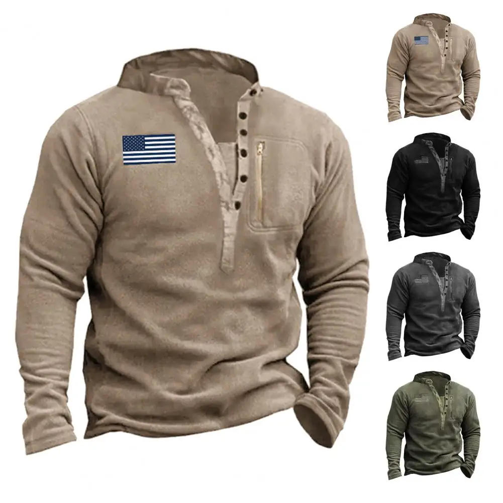 Trendy Men Sweatshirt Men\'s Retro Slim Fit Stand Collar Sweatshirt with American Flag Tag Warm Plush Zipper Pullover for Fall