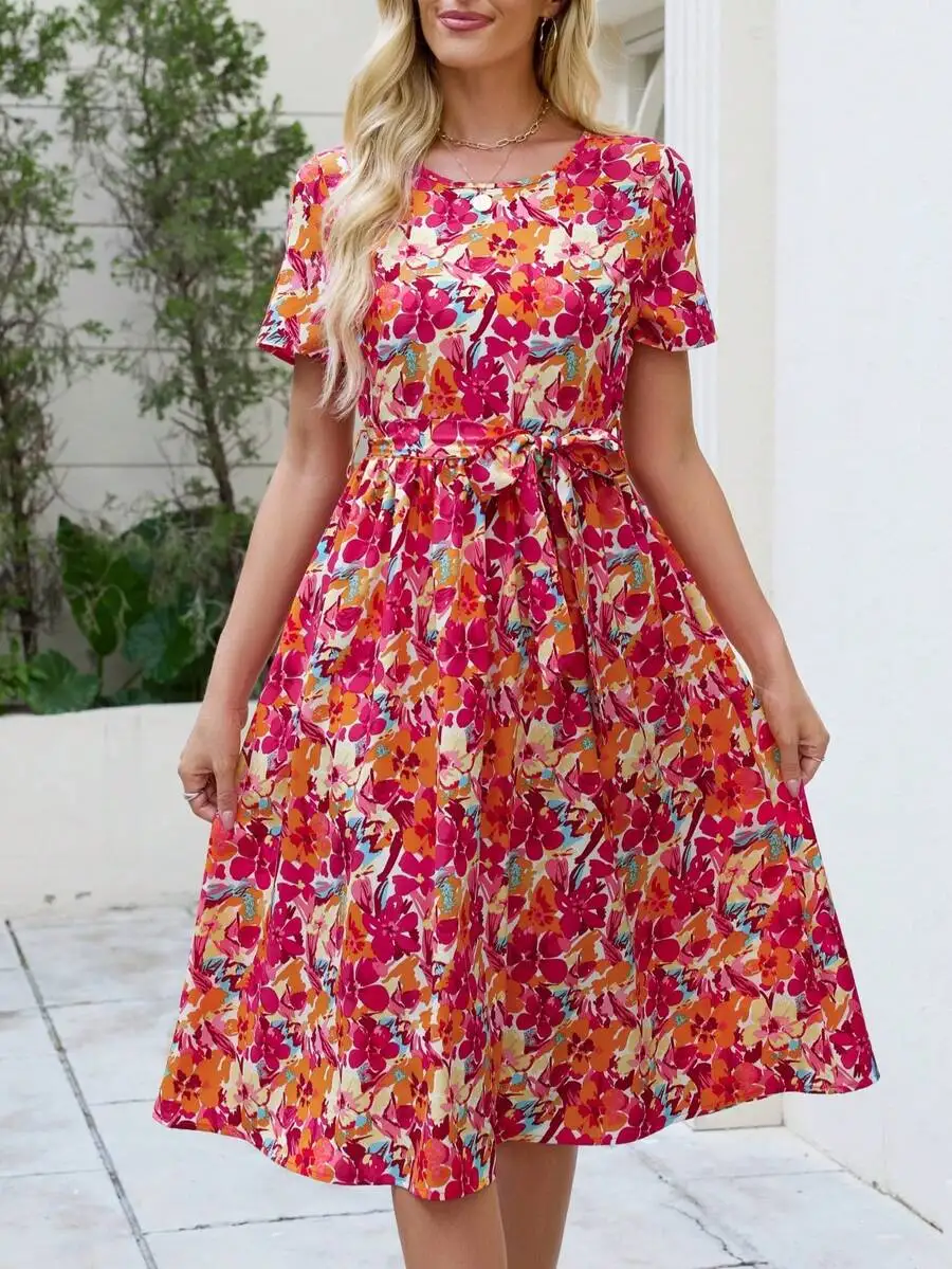 

Womens Floral Print Midi Dress Short Sleeve Round Neck Drawstring Waist Casual Elegant