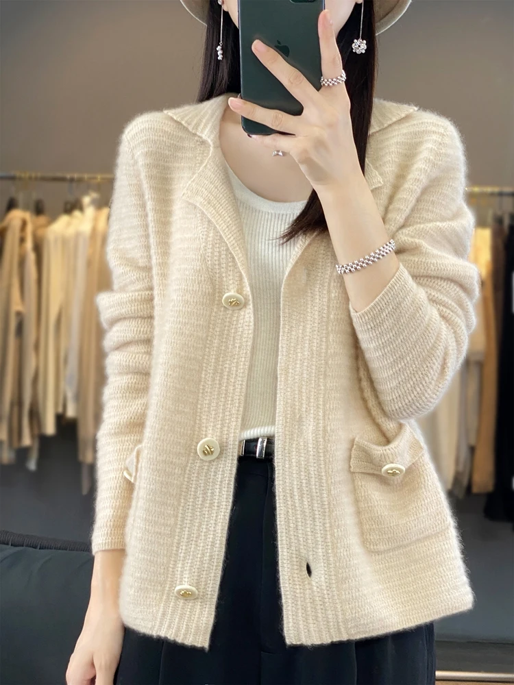100% Merino Wool Women Sweater Turn-down Collar Cardigan Spring Autumn Soft Cashmere Knitted Coat Office Lady Grace Clothing