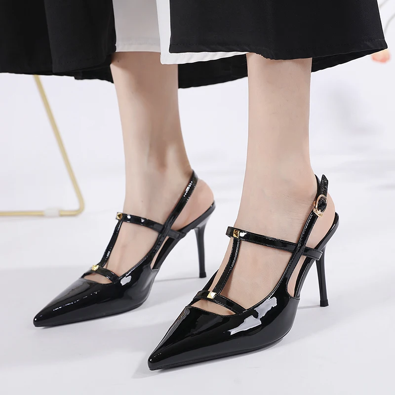 9cm Stilletto Heels White Pointed Toe Slingback Shoes Black Patent Leather Ladies Office Shoes Summer High Heels Silver Pumps