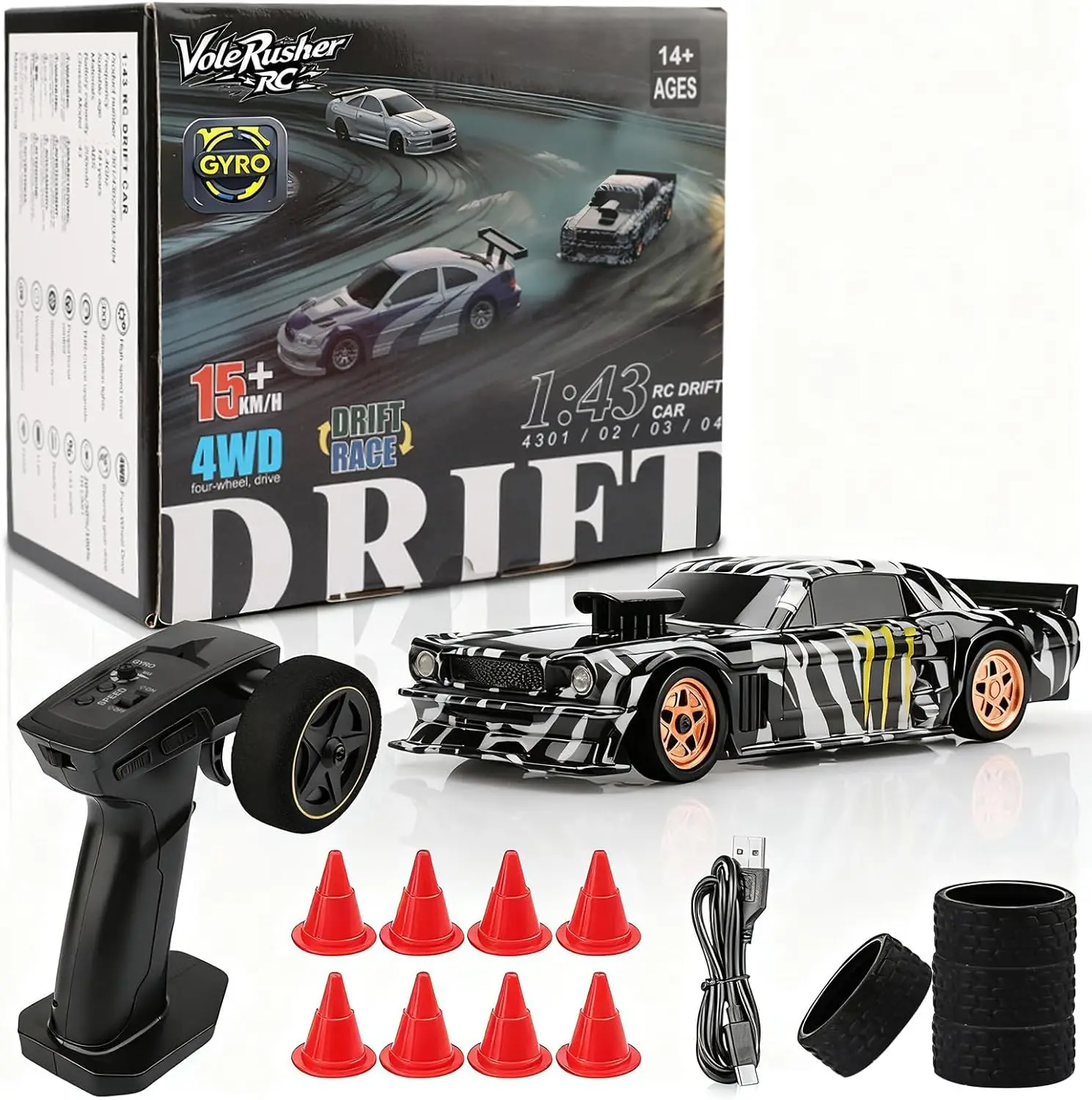 1/43 Scale Mini RC Drift Car with Gyroscope, New Upgrade, Full Proportional RTR 2.4GHz Remote Control, 2 Tire Sets and 8 Cones Included, Compact Toy for Kids Ages 8-14, Birthday Gift, Camouflage