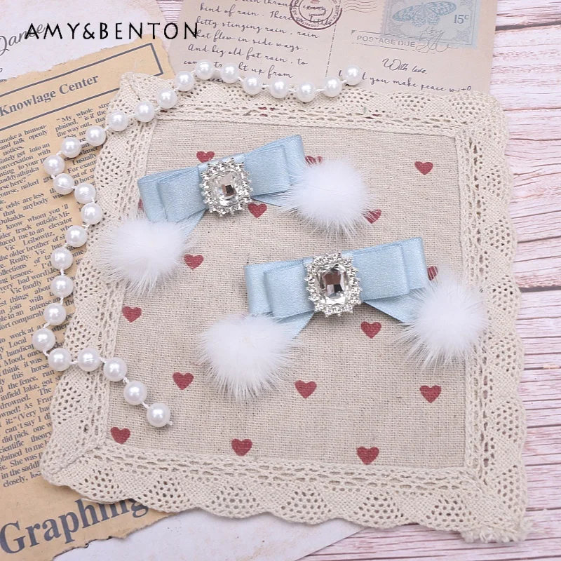 Handmade Japanese Style Sweet Flash Silver Rhinestone Mink Hair Ball Bow Hair Clips for Girls Kawaii Princess Hair Accessories