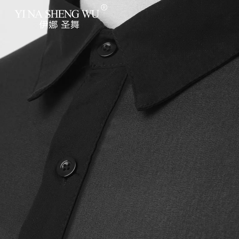 Men's Latin Dance Top Black Thin Breathable Casual Top Men's Sexy V-neck Long Sleeves Turn-down Collar Single-Breasted Shirt