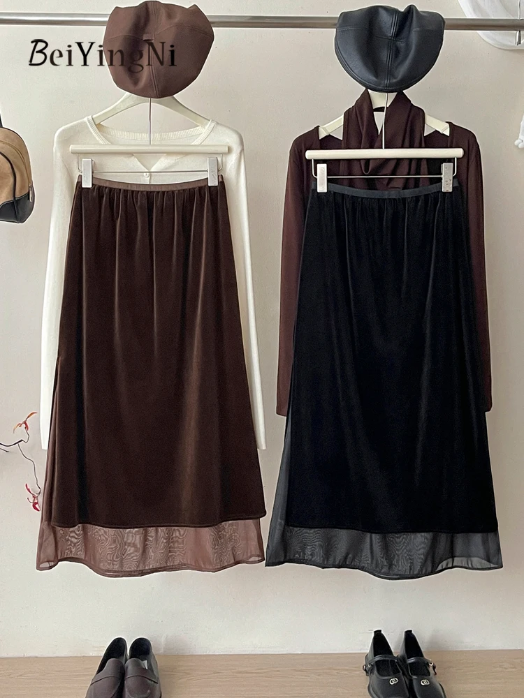 

Beiyingni 2025 Autumn Winter Women Elegant A-line Skirt Mesh Spliced Velvet Female French Straight Midi Skirts Plain Split Jupes