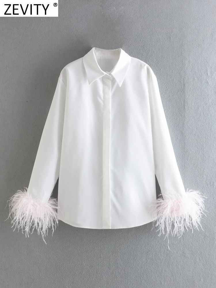 Zevity New Women Fashion Green Feathers Decoration White Poplin Blouse Ladies High Street Party Shirts Chic Blusas Tops LS10011