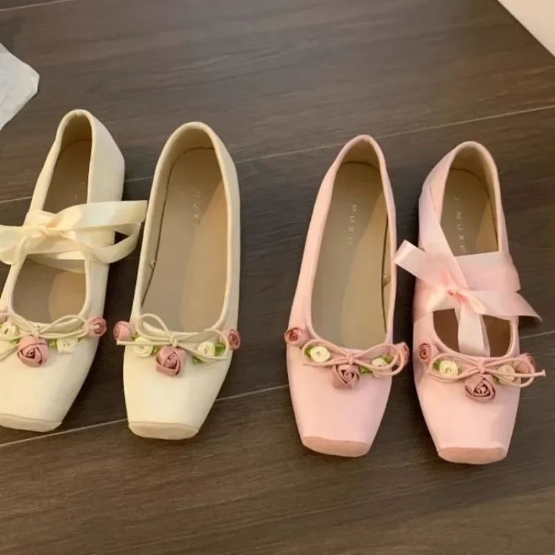 Zapatos planos de Ballet rosa para mujer, calzado con cordones, Mary Jane, flores dulces, Primavera