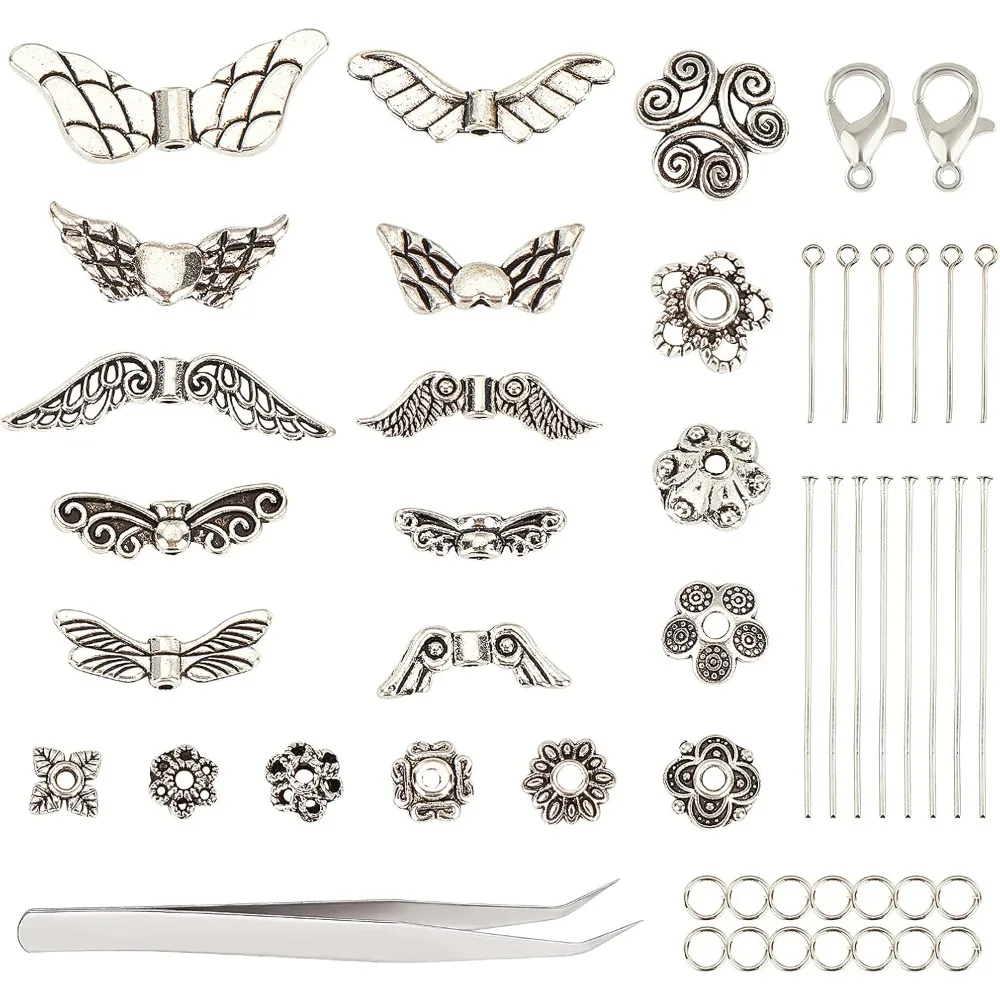 431pcs Angel Craft Set, 100pcs Angel Fairy Wing Spacer Beads 100pcs Flower Bead Caps Lobster Claw Clasps Jump Rings Eye Pins