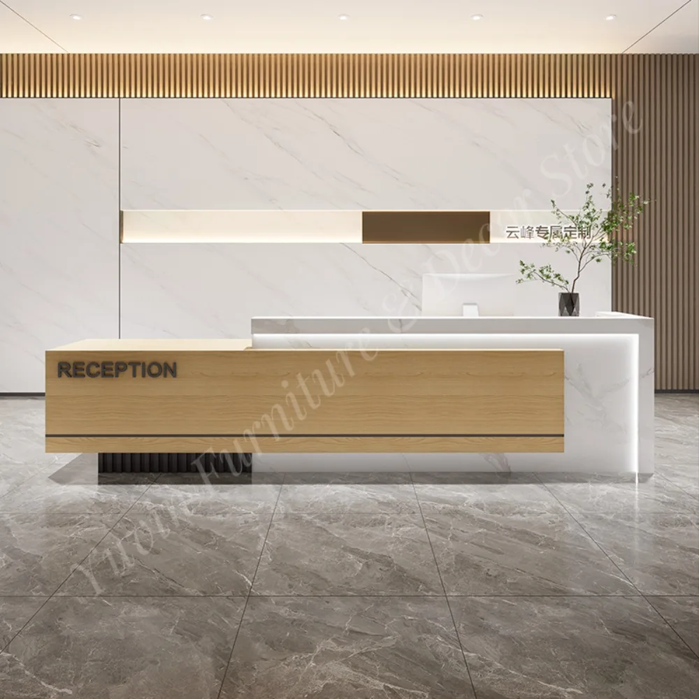 Modern Wood Office Reception Desk Chairs Set Full Edge Sealing Customizable Colors Sizes for Hotel Supermarket Use
