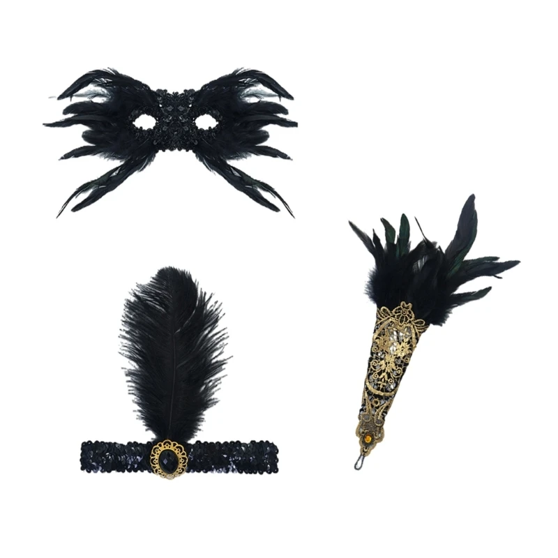 3 Pcs 20's Theme Set Masquerade Mask Long Gloves 1920s Accessories 20s Headpiece 1920s Gatsby Accessories Set Party Mask image 5
