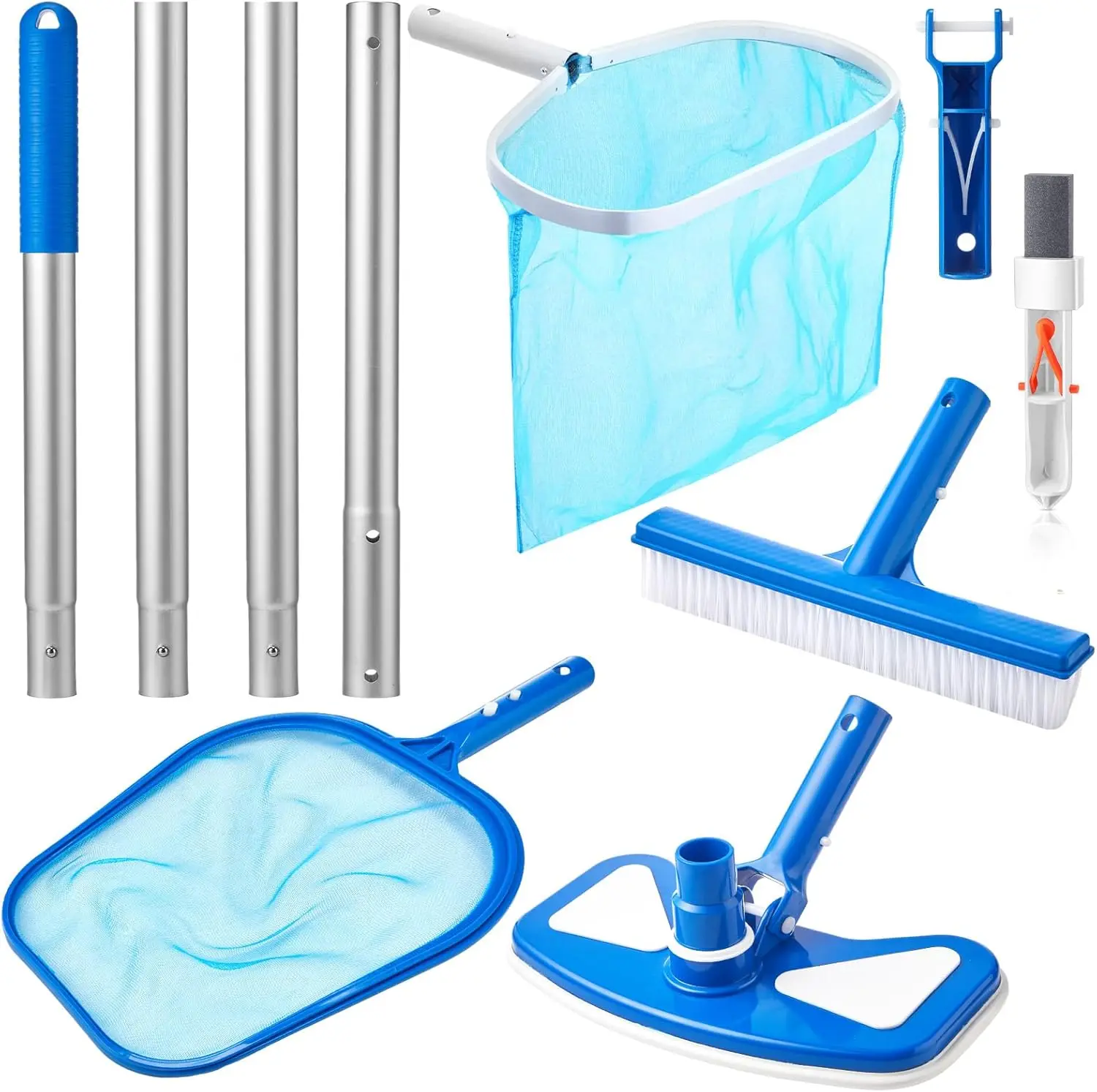Kit de Limpieza para Piscina de 5 Piezas: Cabezal de Cepillo de 17.5'' con Palo de 47'' y Red de Recogehojas, Cabezal de Aspiración, Piedra Pómez con Mango