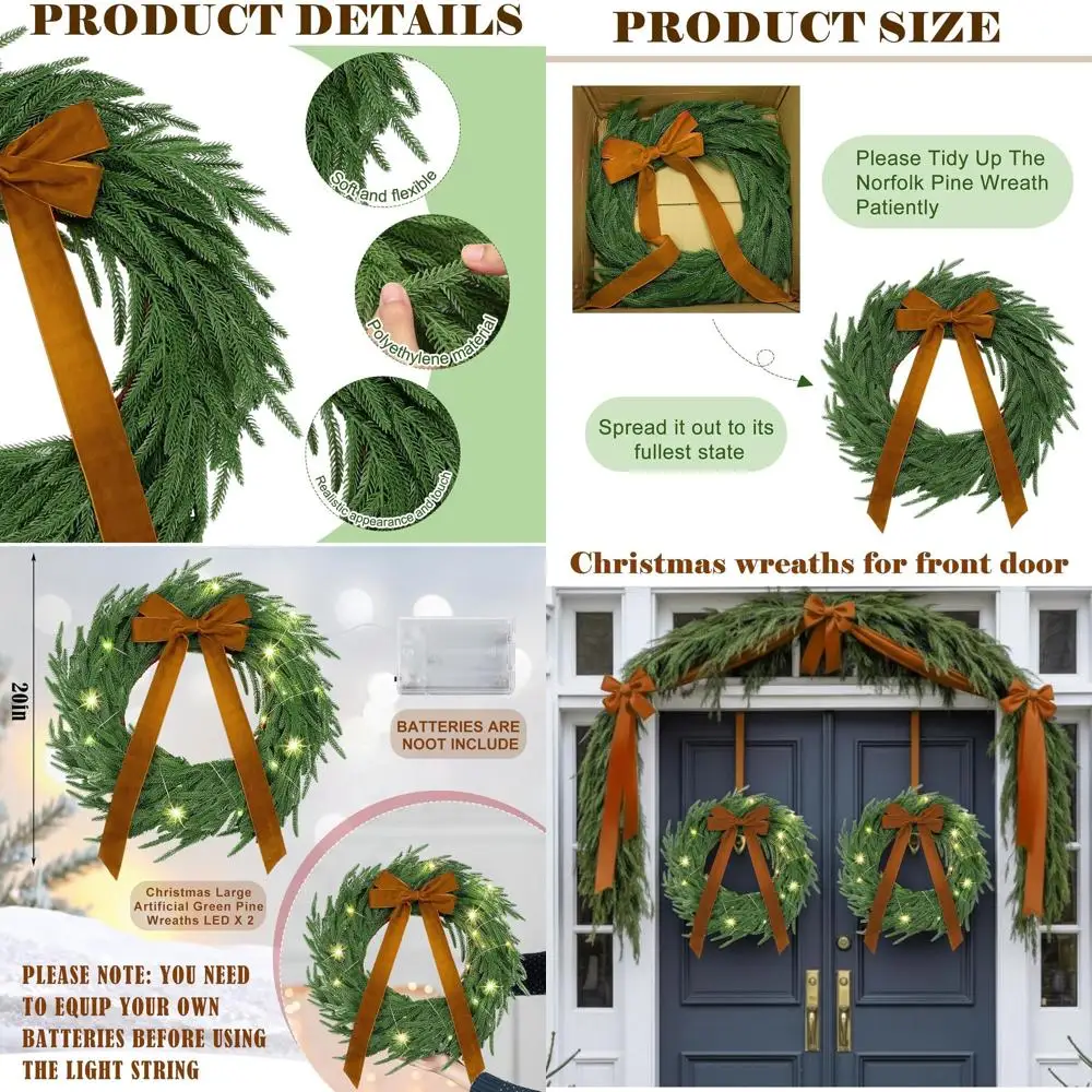 

Рождественские венки со светодиодной подсветкой, 20 дюймов, искусственная норвежская сосна с бантами цвета хаки, подходят для дверей, стены, мантии, улицы и P.