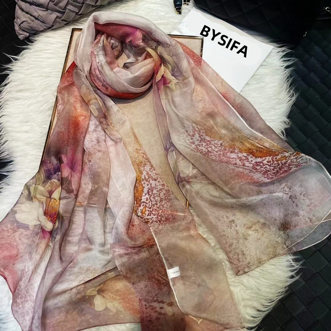 

BYSIFA|New Pink Floral Chiffon Silk Scarf Spring Summer Fashion Women 100% Silk Long Scarves Foulard Winter Brand Scarves Shawls