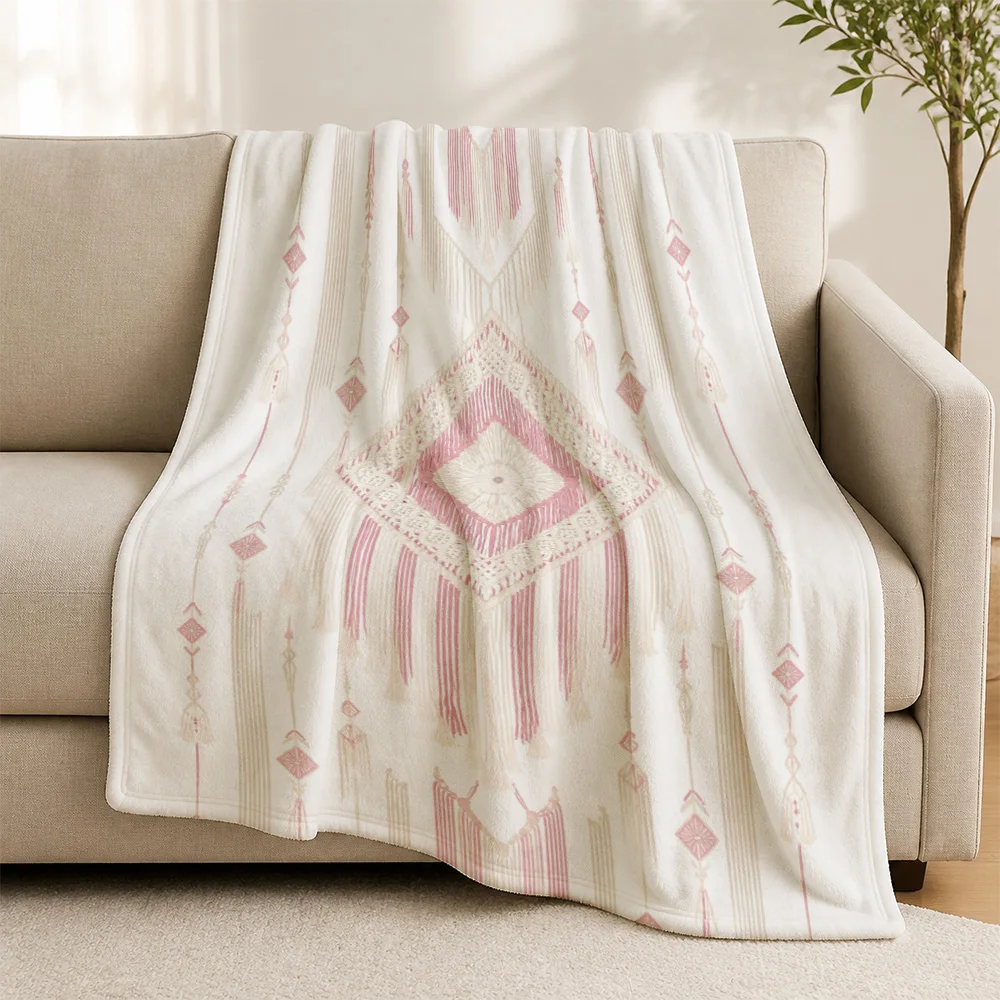 Premium Geometric Pattern Knit Throw Blanket for Sofa Couch Decor Cozy Winter Accessories Neutral Beige Boho Bohemian Farmhouse