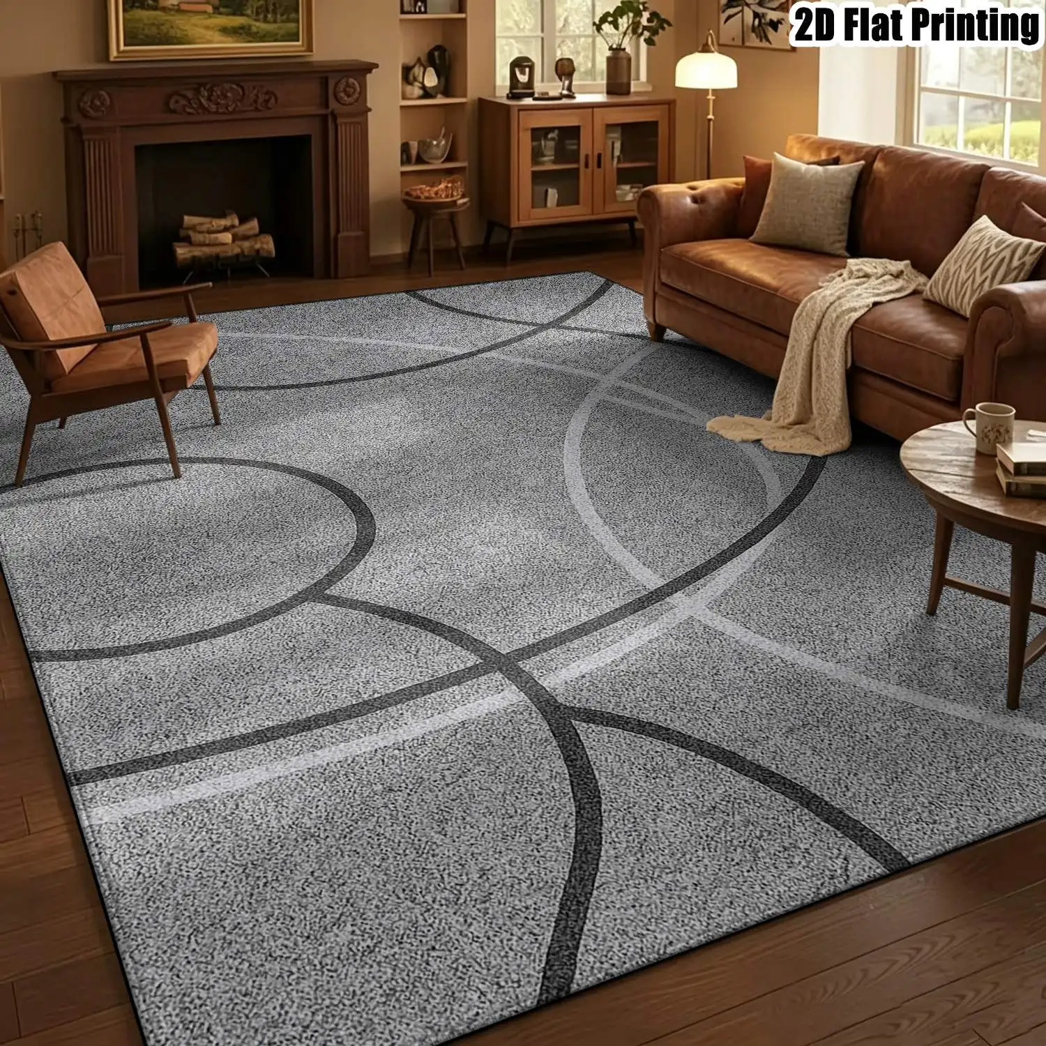 1Pc 2D Printed Nordic Minimalist Carpet, Gray Base Black-White Geometric Lines, Instagram-Inspired Floor Mat, Multi-Size Machine Washable, for Entrance/Dining/Bedroom/Living Room Home Decor
