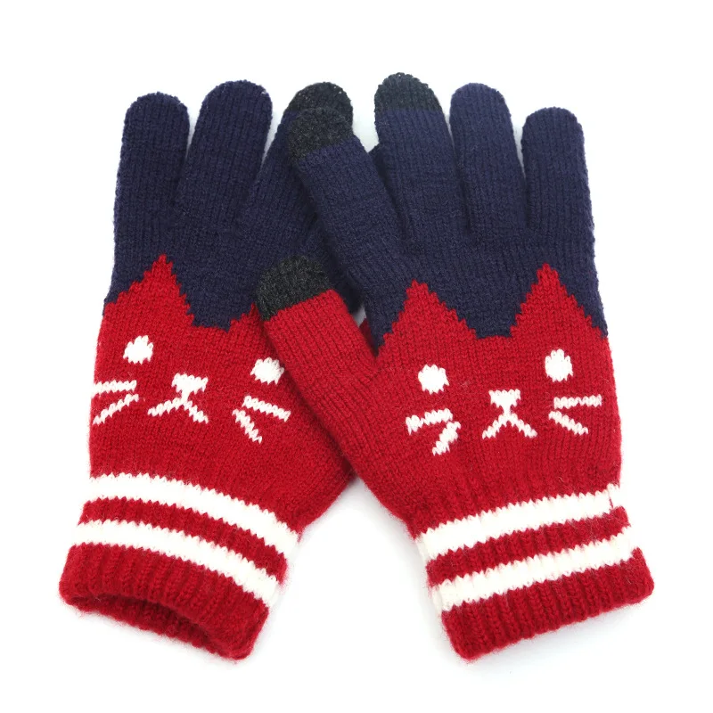 Winter Warm Lined KT Cat Jacquard Women Knit Gloves Touchscreen Cold Weather Split Finger Gloves for Autumn Winter